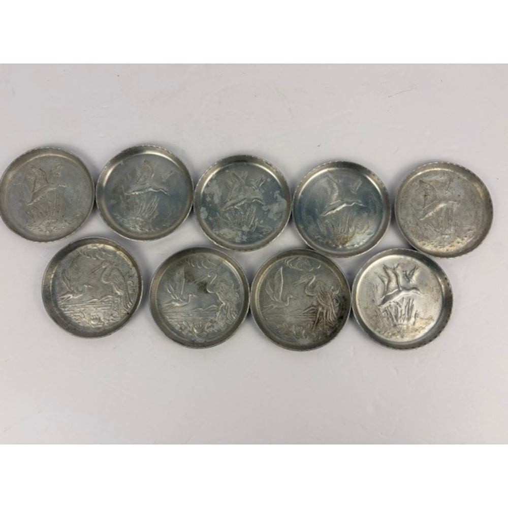 Vintage Hammered Aluminum Coasters Set of 9 Embossed Duck and Crane Wildlife